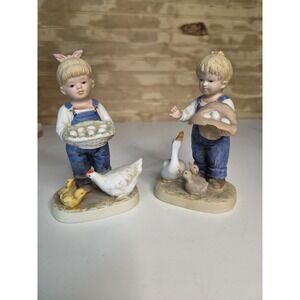 Vintage  Homco Denim Days 1509 Gathering Eggs Figurine 1985 Farm Chicken Duck